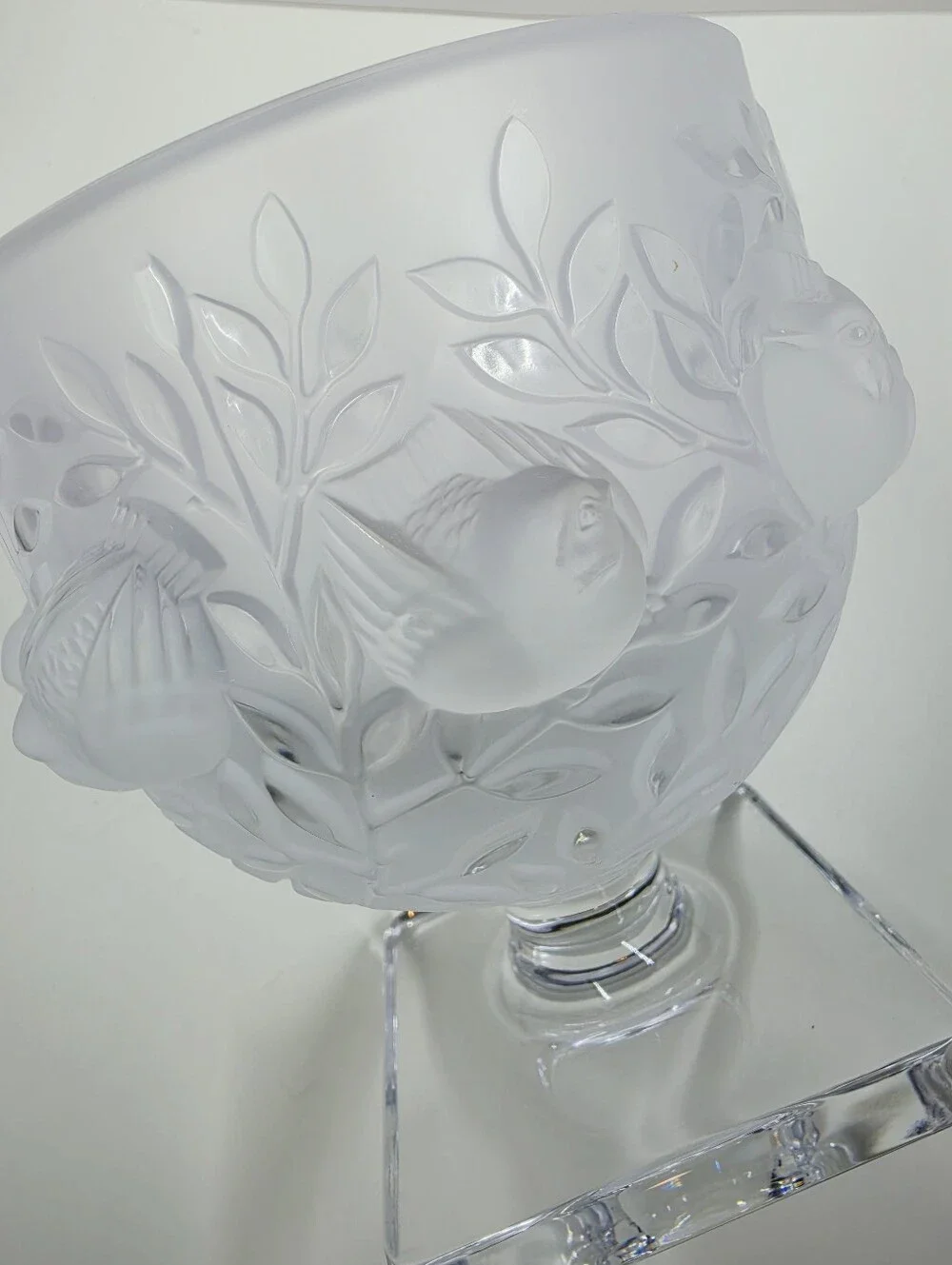 Lalique France Elisabeth Fauna & Flora Frosted Crystal Vase Square Pedestal